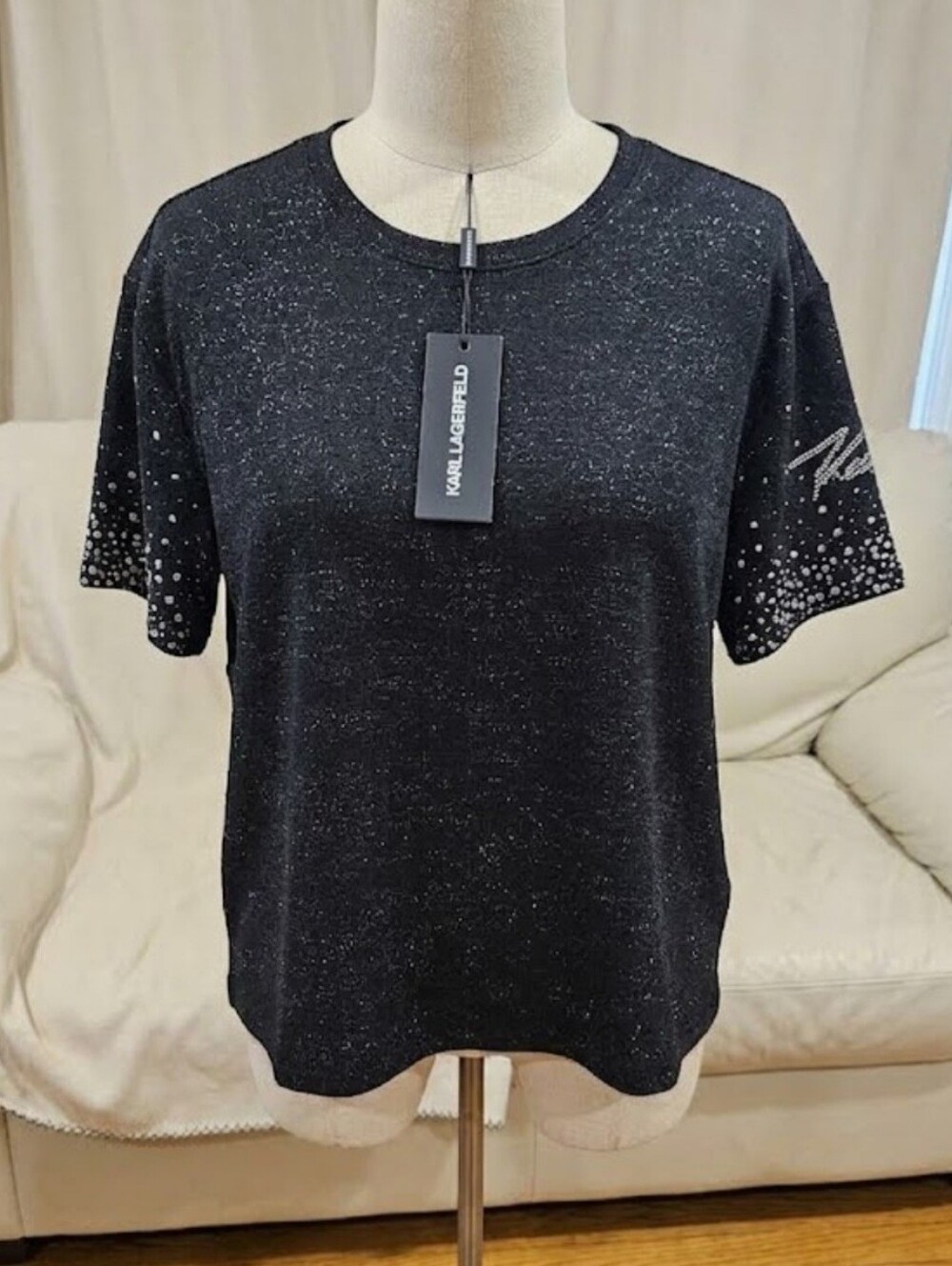 Karl Lagerfeld Black Speckled Short Sleeve Tee with Accent Sleeves